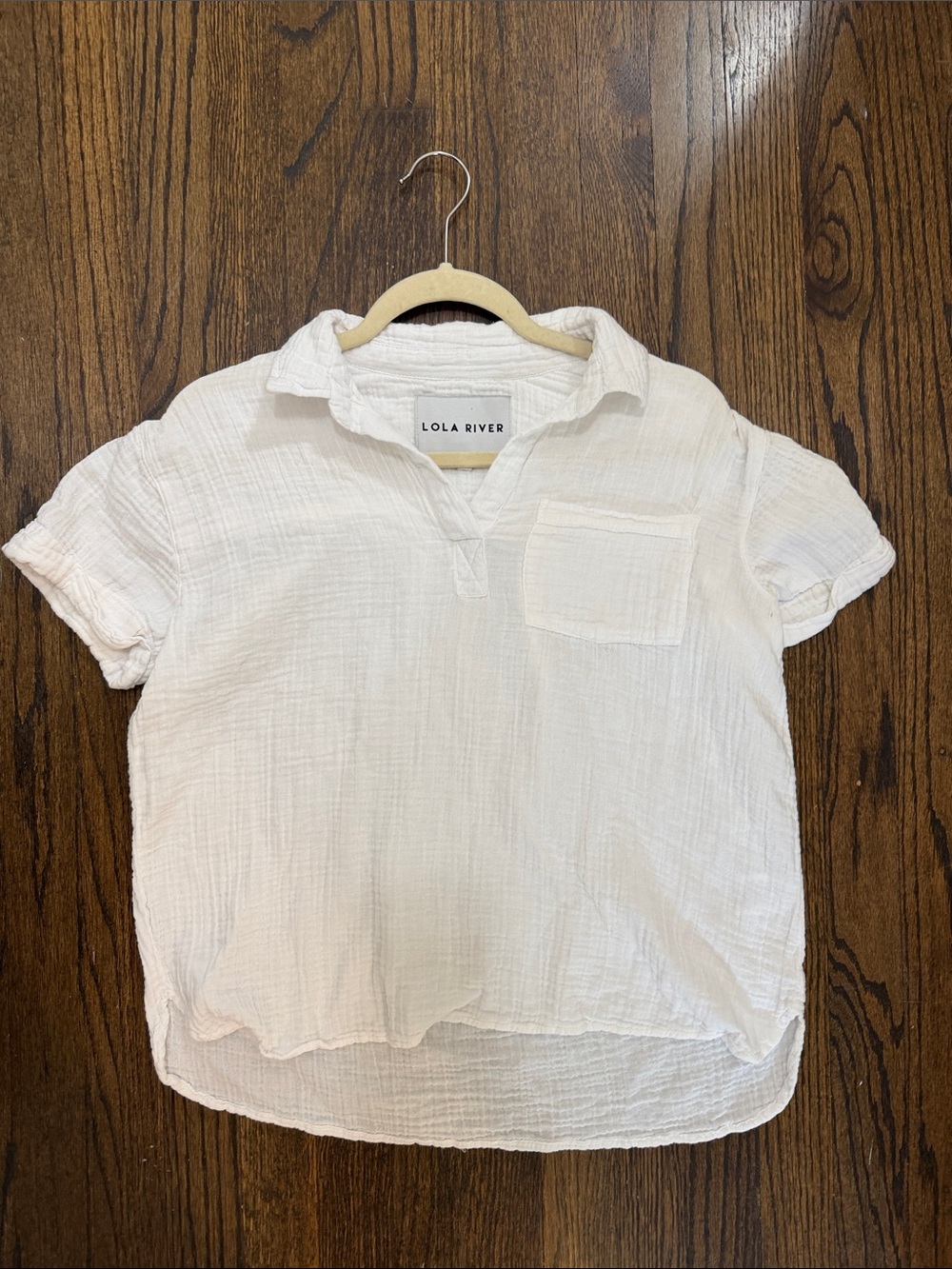 Lola River Small White Linen Short-Sleeve Collared Blouse